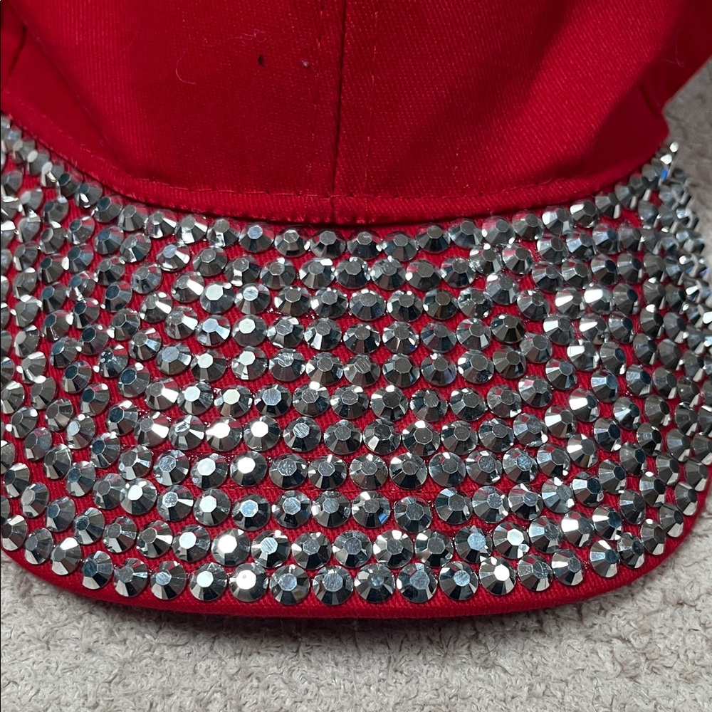Red Cap with Rhinestone Brim - Picture 2 of 5